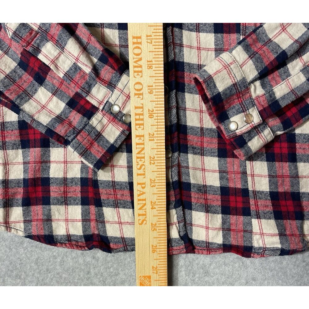 YMI Flannel Shirt Womens Juniors Medium Long Sleeve Plaid Pearl Snap Red Blue - Picture 7 of 12